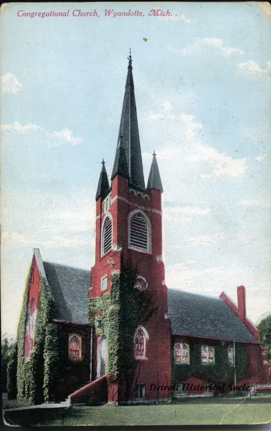 First Congregational Church Wyandotte MI postcard from 1912 This is an image of a place or building that is listed on the National Register of Historic Places in the United States of America. Its reference number is 100009148 (Wikidata).