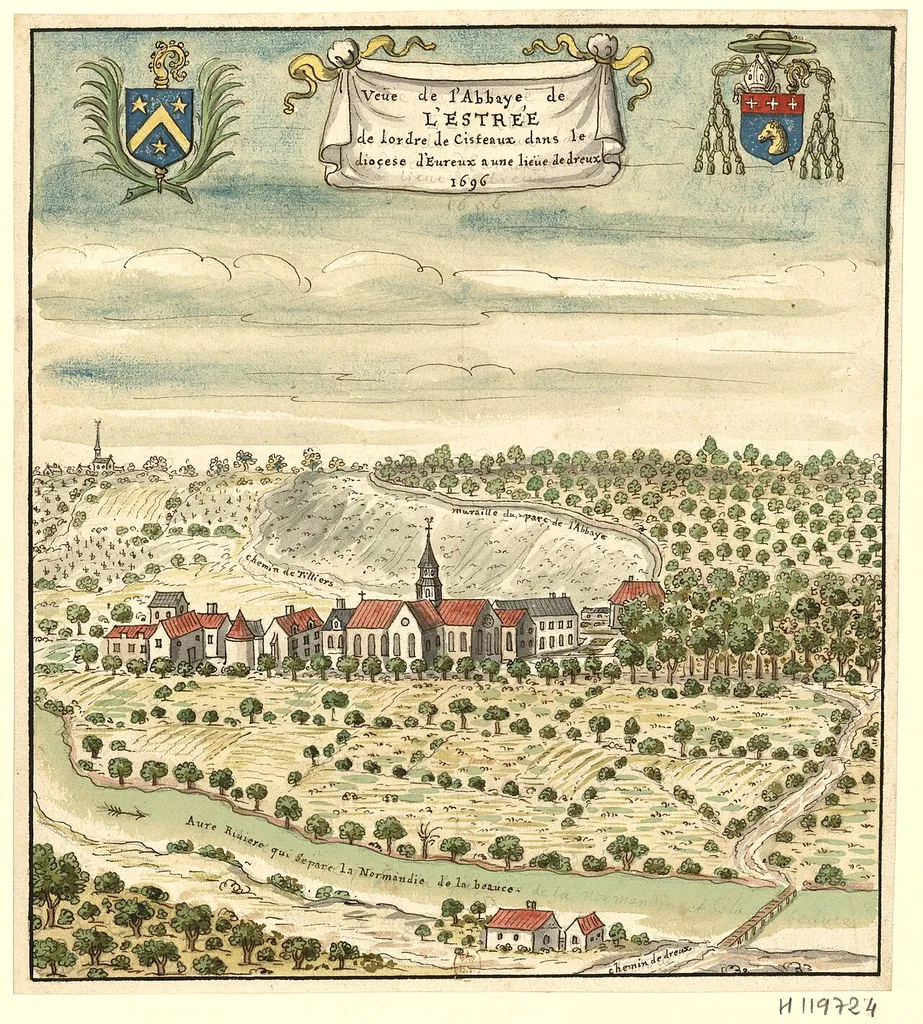 Abbaye Notre-Dame de l'Estrée en 1696. « Veue de l'abbaye de l'Estrée de l'ordre de Cisteaux dans le diocèse d'Évreux à une lieüe de Dreux1696 » Les armoiries cardinalices sont celles de Mgr de Saint-Vallier, abbé commendataire.