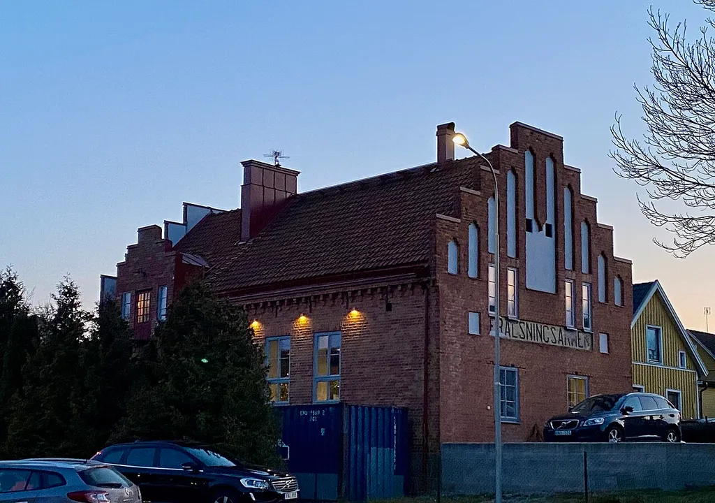 The newly renovated fasad of the old Salvation Army church in Sölvesborg city, seen from the east.