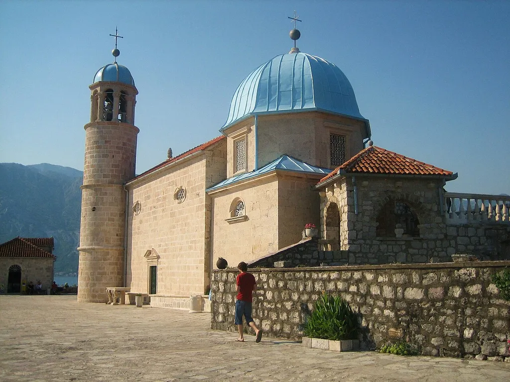 The Church of Our Lady of the Rocks on the artificial island of Our Lady of the Rocks in the Bay of Kotor off Perast, Kotor, Montenegro