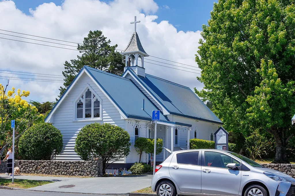 St Leonard’s Church in Matakana, New Zealand, viewed from the south.
