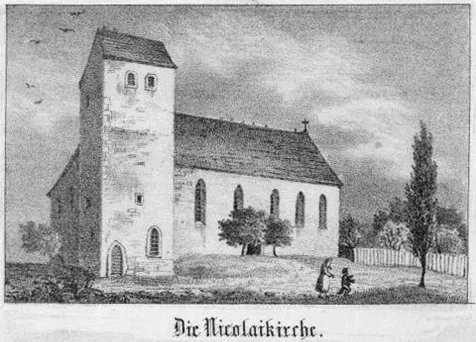 St. Nikolai, die neben der Frauenkirche zweite mittelalterliche Stadtkirche von Grimma, Zeichnung 1840; 1888 abgerissen