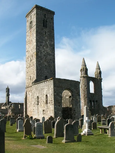 St Rule's Tower, St Andrews Situated in the grounds surrounding the ruined Cathedral. Dedicated to St Rule who it is said brought the bones of St Andrew to the area in or around the year 345. St Rule's Tower was built in the 11th century. It stands 35 mts high and is all that remains of St Regulus Church, an Augustinian building.