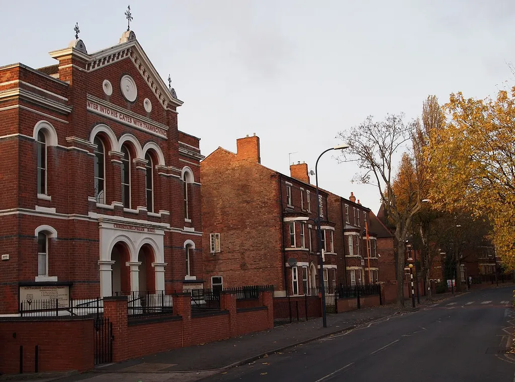 Nottingham, NG7 - Forest Road West. A Christadelphian Hall (perhaps occupying a building that was once used by another church group ?) and some terraced housing on Forest Road West.