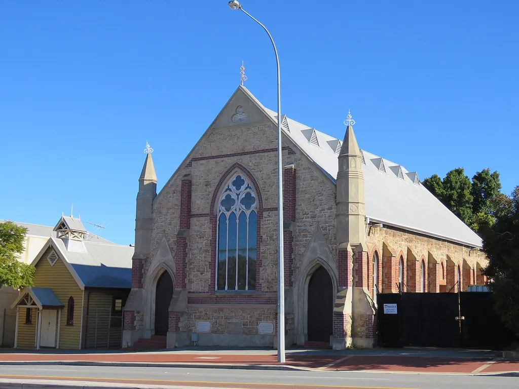 The state heritage listed Charles Street Methodist Mission Chapel &amp; Methodist Church, West Perth, Western Australia. The wooden building is the chapel while the stone building is the church.