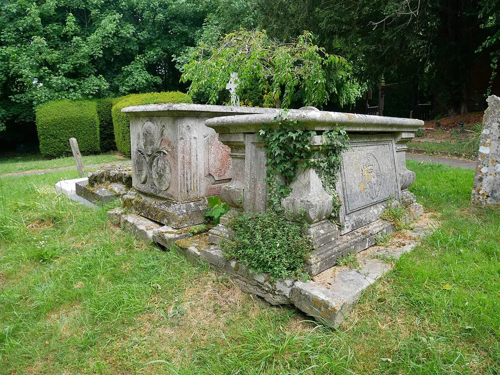 Two chest tombs located to the east of the Church of St James in North Cray, as seen from the southwest.