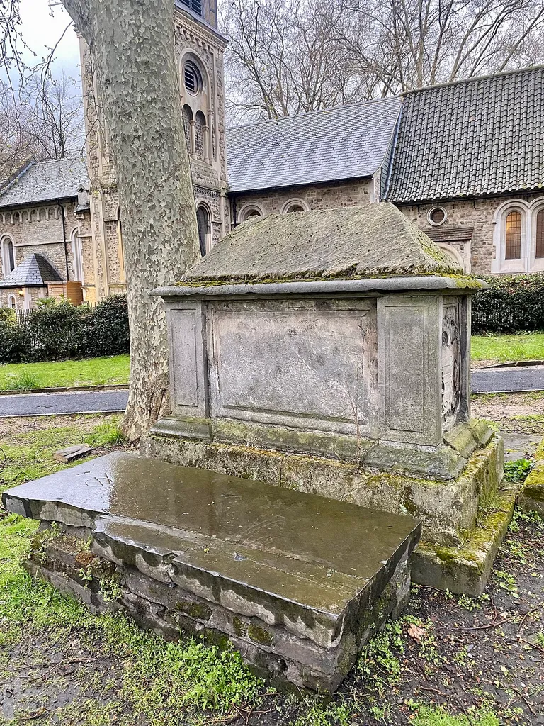 Inscription on the tomb of Abraham Woodhead, St Pancras Old Church, April 2023