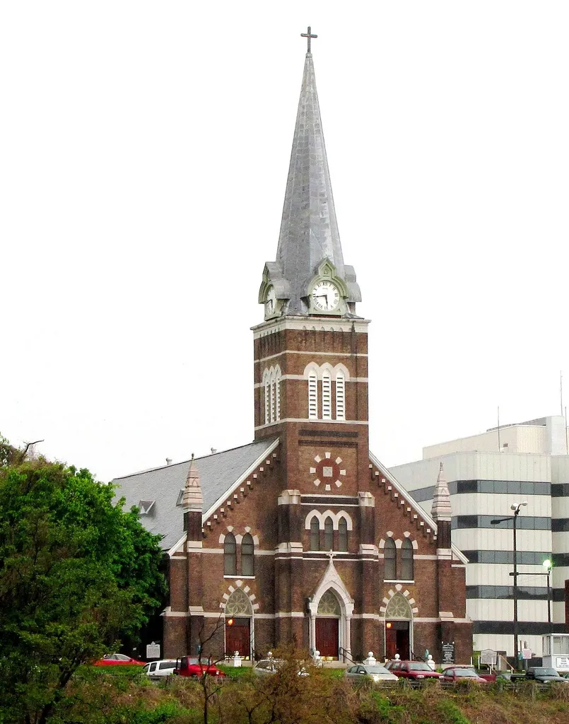 The Church of the Immaculate Conception in Knoxville, Tennessee, USA, viewed from the Gay Street Viaduct. The church was built in 1886, and was designed by architect Joseph F. Baumann.