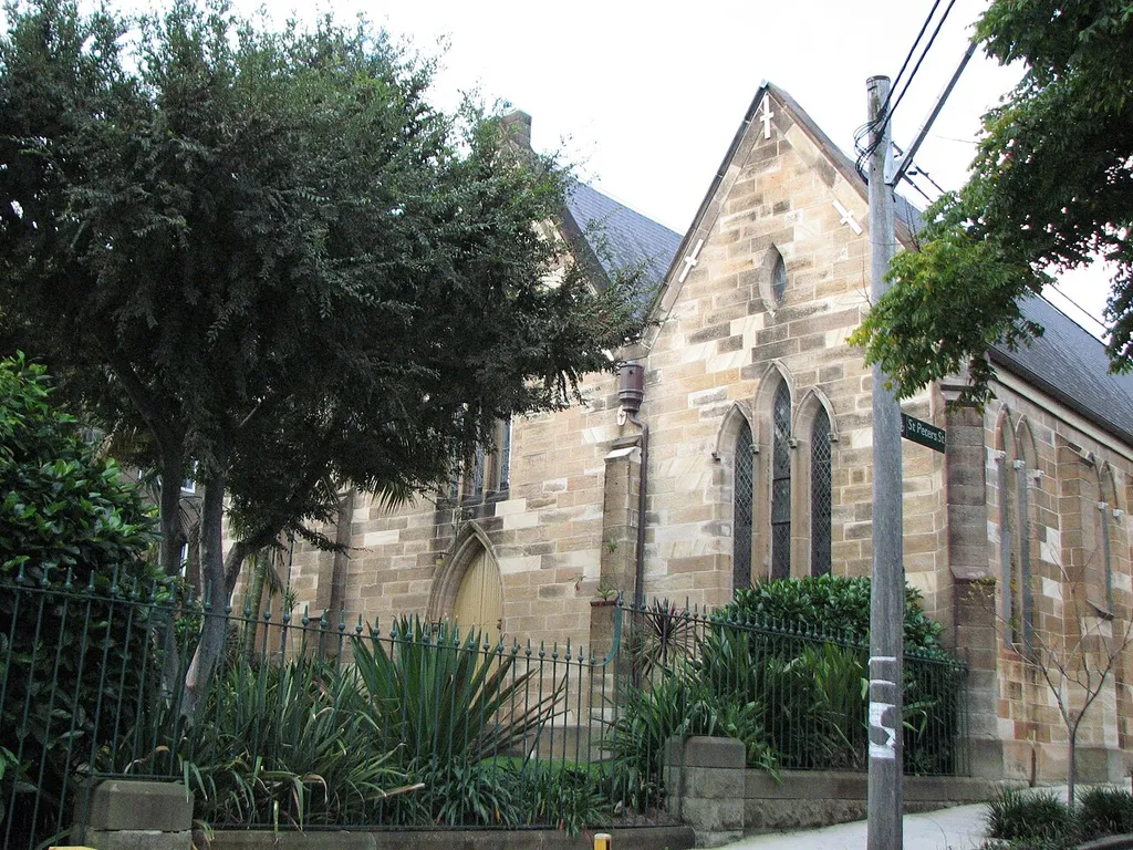 St Peter's Church, Bourke Street and St Peters Street, Darlinghurst, NSW is listed on the New South Wales State Heritage Register. View from Bourke Street.