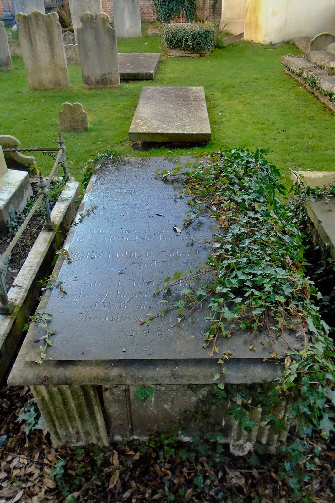 St Peter's Church, Petersham, Tomb of John Rudd. Grade II, List Entry Number:1380185. The inscription reads as "HERE LIES THE BODY OF JOHN RUDD ONLY SON OF JOHN &amp; ELIZth RUDD OF THE PARISH OF PETERSHAM: BORN THE 15th OF SEPTEMBER 1754, DEPARTED THIS LIFE AUGUST THE 20TH 1775. THIS STONE IS GIVEN TO HIS MEMORY BY CAROLINE BARONESS OF GREENWICH. JOHN RUDD HIS FATHER DIED NOV 2, 1781 AGED 76 YEARS. ALSO MRS ELIZABETH RUDD MOTHER OF THE ABOVE JOHN RUDD JUNIOR : AND WIFE OF MR JOHN RUDD DIED THE 27th OF APRIL I798 AGED 84 YEARS. IN THE GRAVE ADJOINING LIES MR RICHARD DYKE NEPHEW OF THE ABOVE MRS ELIZABETH RUDD HE DIED NOVEMBER THE 27th 1788 AGED 42 YEARS."