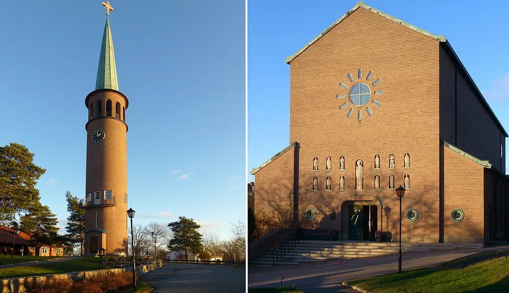 Essinge kyrka bildmontage, tornet och kyrkobyggnaden