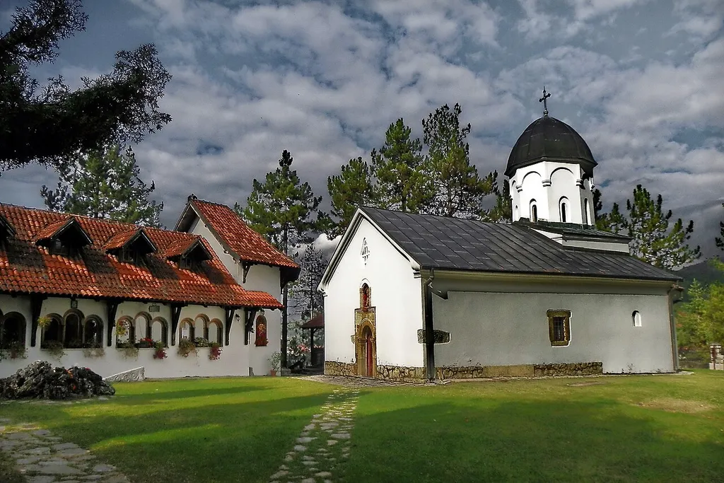 Prilipac, view of the Orthodox church of Nativity of the Virgin Mary from the courtyard