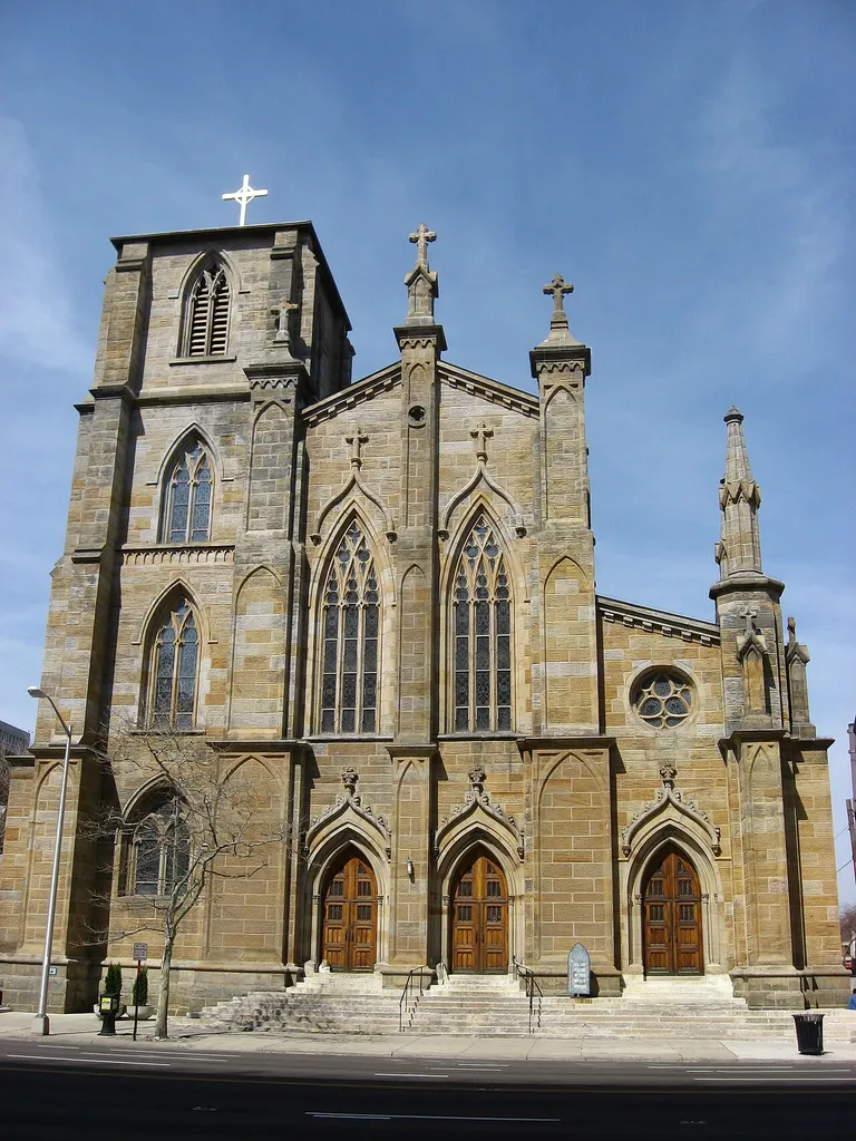 Front of St. Joseph's Cathedral, the cathedral church of the Roman Catholic Diocese of Columbus, located at 212 E. Broad Street in downtown Columbus, Ohio, United States.