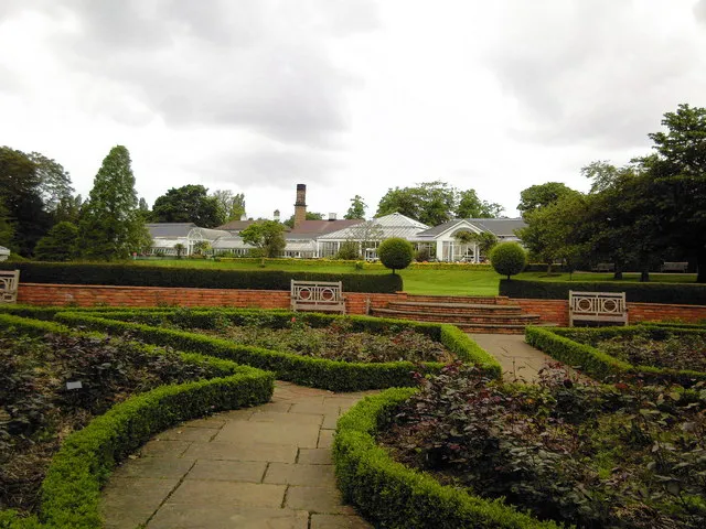 Birmingham Botanical Gardens, rose garden. Looking towards the conservatory, cafe and terrace.
