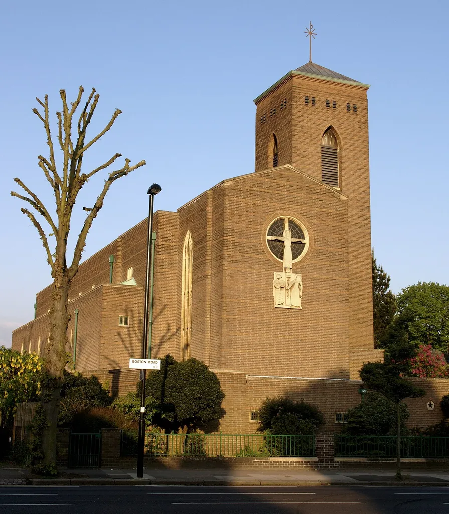 The east face of St. Thomas the Apostle parish church, Boston Road, Hanwell, London W7 2AD. Built in 1933-34 by Sir Edward Brantwood Maufe.