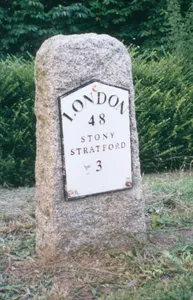 Milestone, Watling Street; at jct with Old Bell Lane, N of Shenley Church End