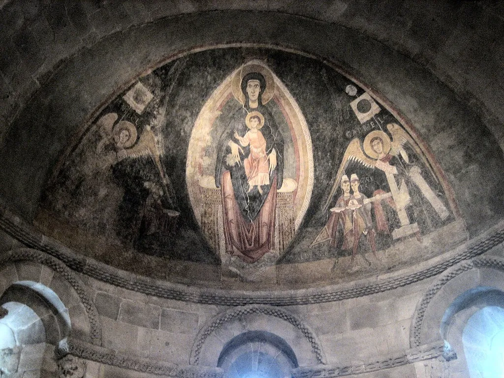 'The Virgin and Child in Majesty and the Adoration of the Maji', Romanesque fresco by the Master of Pedret from the apse of the Church of "La Mare de Deu de Cap d'Aran" (Tredòs), Lleida, Spain, c. 1100
