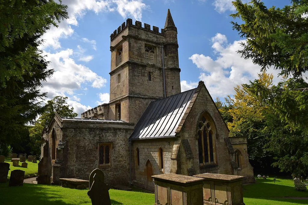 Parish church of St James the Great, Bratton, Wiltshire, seen from the east. Centre right is the chancel, rebuilt in 1854 to designs by George Gilbert Scott