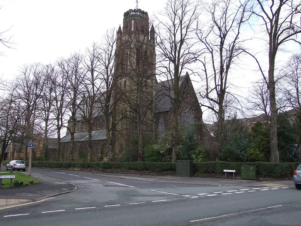 Heaton Moor is situated in Stockport, in the direction of Manchester. It is a railway suburb, served by Heaton Chapel railway station. The railway runs parallel to the A6, and the moor is on the other side of the railway... . St Paul's Church, Heaton Moor1876/1896/1910. Camera location53° 25′ 18.48″ N, 2° 11′ 08.88″ W View this and other nearby images on: OpenStreetMap 53.421800; -2.185800