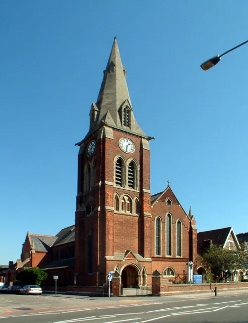 St Luke's parish church, Bromley Common, southeast London (formerly Kent), seen from the west. Built 1886–90 The spire and top of the tower were added in 1910.