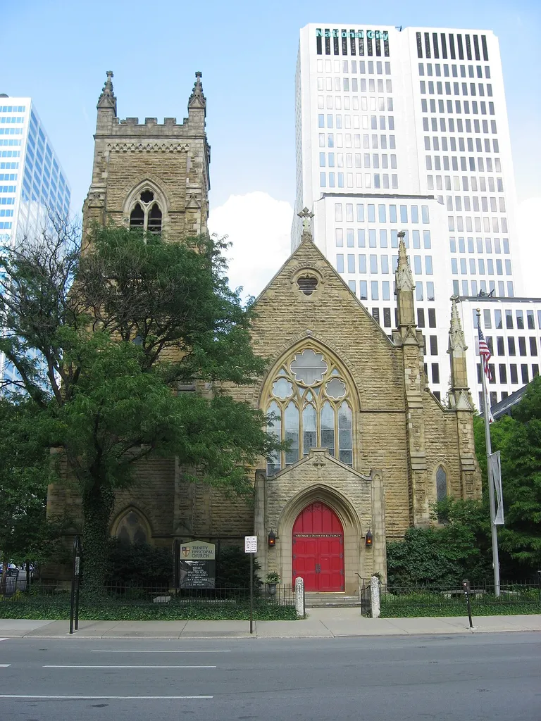 Front of Trinity Episcopal Church, located at 125 E. Broad Street across from the Statehouse in downtown Columbus, Ohio, United States. Built in 1866, it is listed on the National Register of Historic Places.