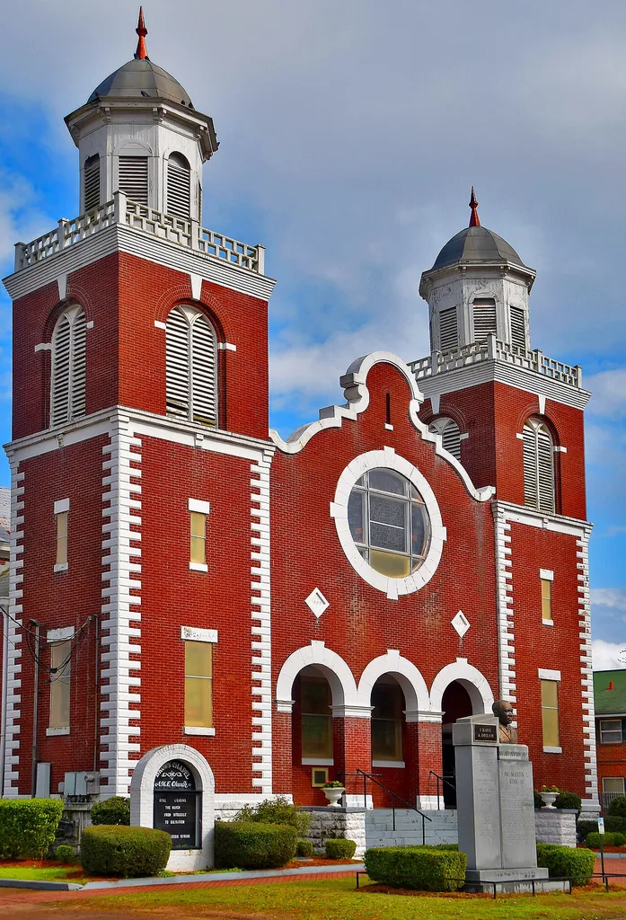 Brown Chapel African Methodist Episcopal (A.M.E.) Church is located in Selma (AL). This church at this site was the starting point for the Selma to Montgomery marches in 1965 and, as the meeting place and offices of the Southern Christian Leadership Conference (SCLC) during the Selma Movement. The church thus played a major role in the events that led to the adoption of the Voting Rights Act of 1965. The nation's reaction to Selma's "Bloody Sunday" march is widely credited with making the passage of the Voting Rights Act politically viable in the U. S. Congress. The church was added to the Alabama Register of Landmarks and Heritage in June 1976 and later declared a National Historic Landmark in February 1982. DSC_5419