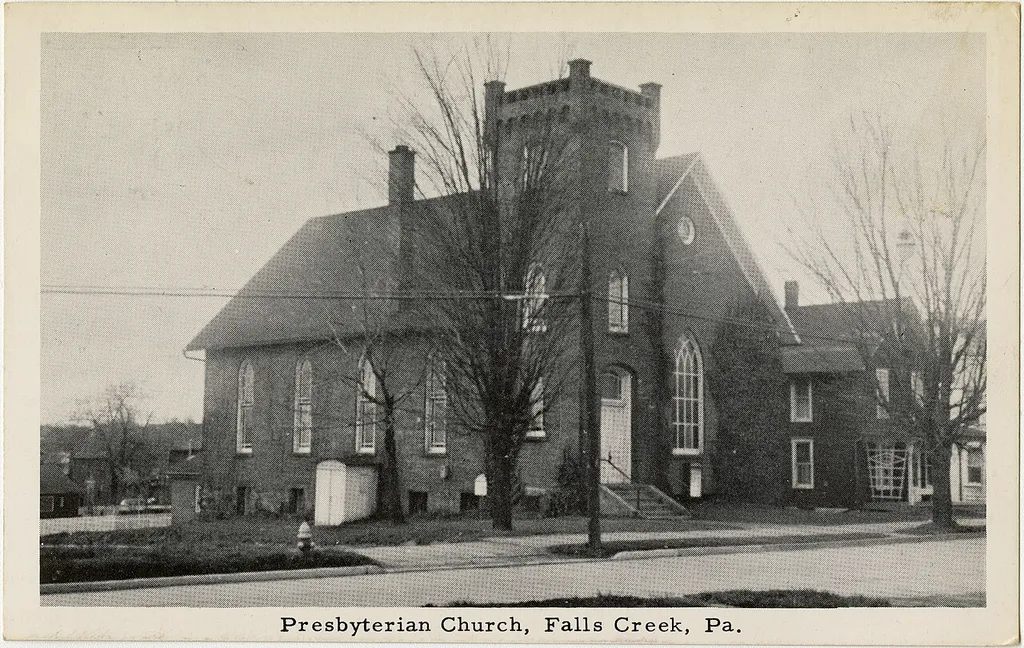 Presbyterian church in Falls Creek, Pennsylvania from a pre-1923 postcard From RG 428, Postcard Collection, Presbyterian Historical Society, Philadelphia, Pennsylvania.