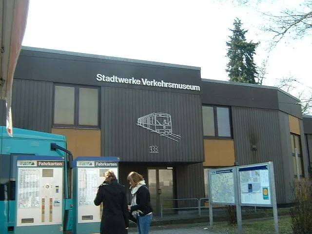 trafficmuseum entrance in Frankfurt-Schwanheim. The museum is at the end of the tramway and contains mostly old trams, busses etc. In the foreground are the ticket-machines of the Frankfort-Tramways. self-made on march 12th, 2006