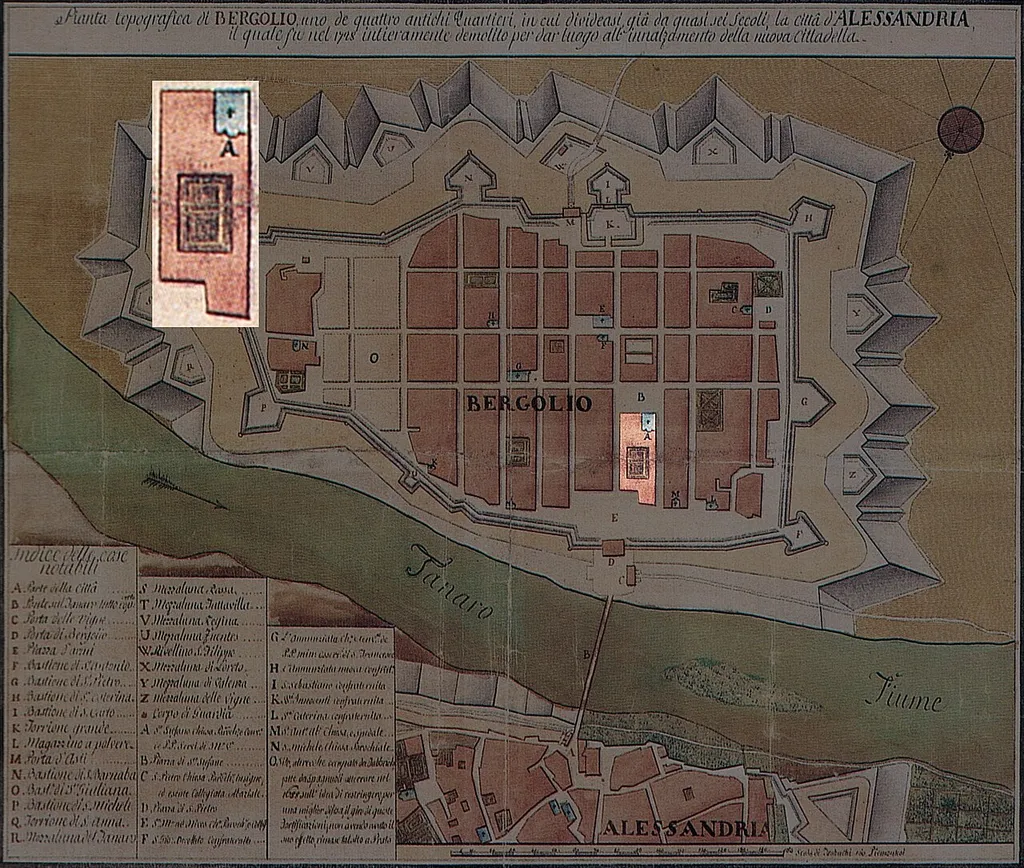 Pianta topografica di Bergoglio (metà secolo XVIII) con l'identificazione della chiesa di santo Stefano