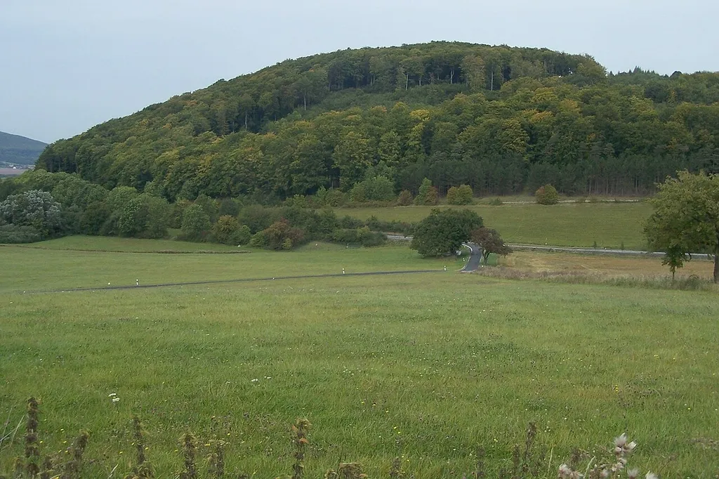 Blick von Lenders auf den Berg Schorn mit der Burgstelle Schöneburg, sie befindet sich im nordwestlichen Berghang - links oberhalb der erkennbaren Bresche im Wald.