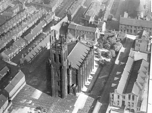 Former Church of St Mary, Quarry Hill, Leeds, West Yorkshire, England. It was completed in 1826, and demolished in 1979. It was subject to repairs and alterations in 1850, when the font, reredos and pulpit were carved by Robert Mawer. As of 2016 the location of these artefacts is unknown.