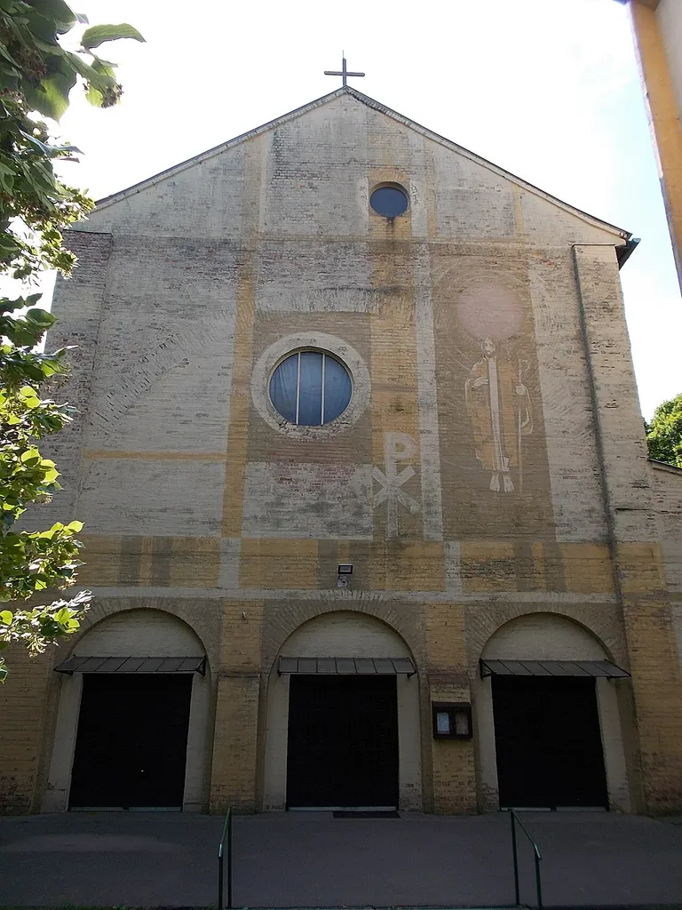: Main facade of the Sacred Heart (Heart of Jesus) Roman Catholic Parish Church planned by Lechner Lorant. - Szent István Street cnr., Gyömrő, Pest County, Hungary.
