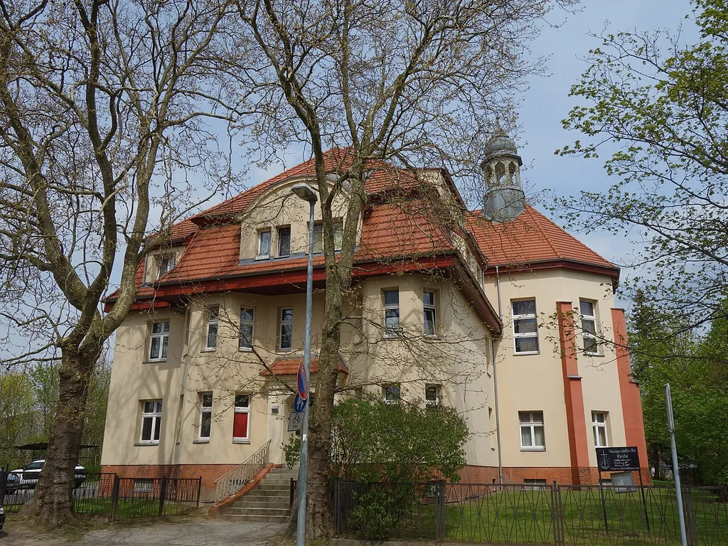 Southern view of New Apostolic church in Nauen municipality, Havelland district, Brandenburg state, Germany