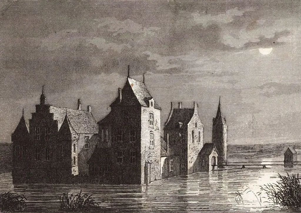 "Het kasteel Nieuwburg", het kasteel bij nacht, gezien aan de linkerzijde. Rondom een slotgracht en aan de voorzijde een houten toegangsbrug.