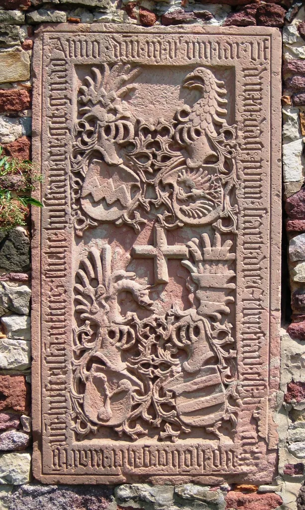Heusenstamm, Hesse, Germany, former cisterian and benedictine monastry Patershausen. grave plate of Elisabeth Brendel von Homburg, mother of bishop Sebastian von Heusenstamm