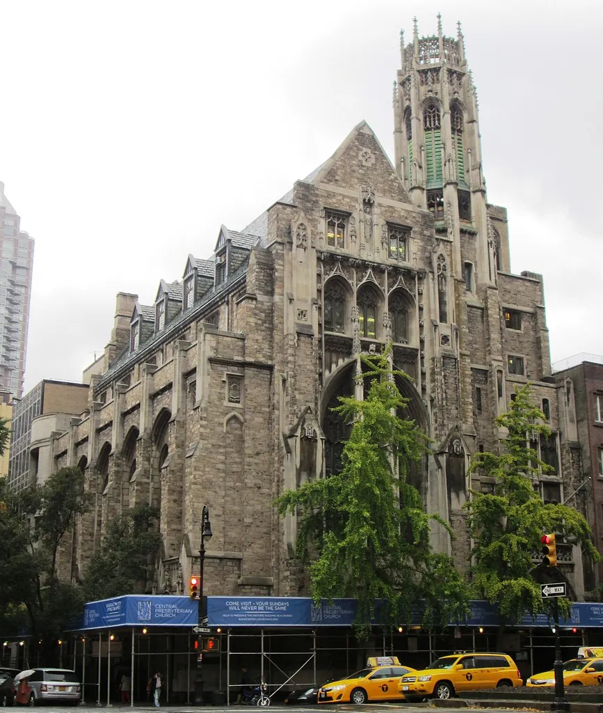 The Central Presbyterian Church at 593 Park Avenue at East 64th Street in the Lenox Hill neighborhood of Manhattan, New York City was built in 1920-22 as the Park Avenue Baptist Church, and was designed by Henry C. Pelton and Allen &amp; Collens in the Collegiate Gothic Revival style. The church, sometimes called the Little Cathedral, was financed by John D. Rockefeller Jr.. The Baptist congregation left in 1929 for Riverside Church, designed by the same architects. The Presbyterian congregation was founded in 1821. The single facade covers a complex of structures, including the church, a Sunday School, a 500 seat auditorium and offices. The church is located in the Upper East Side Historic District. (Sources: From Abyssinian to Zion (2004) and Guide to NYC Landmarks (4th 4d.))