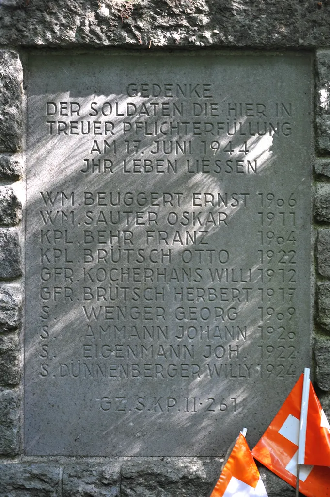 Memorial to remember the mine desaster of 17 June 1944 in the „Tschungel“ (Jungle) near the railway bridge of Hemishofen; Thurgau, Switzerland.
