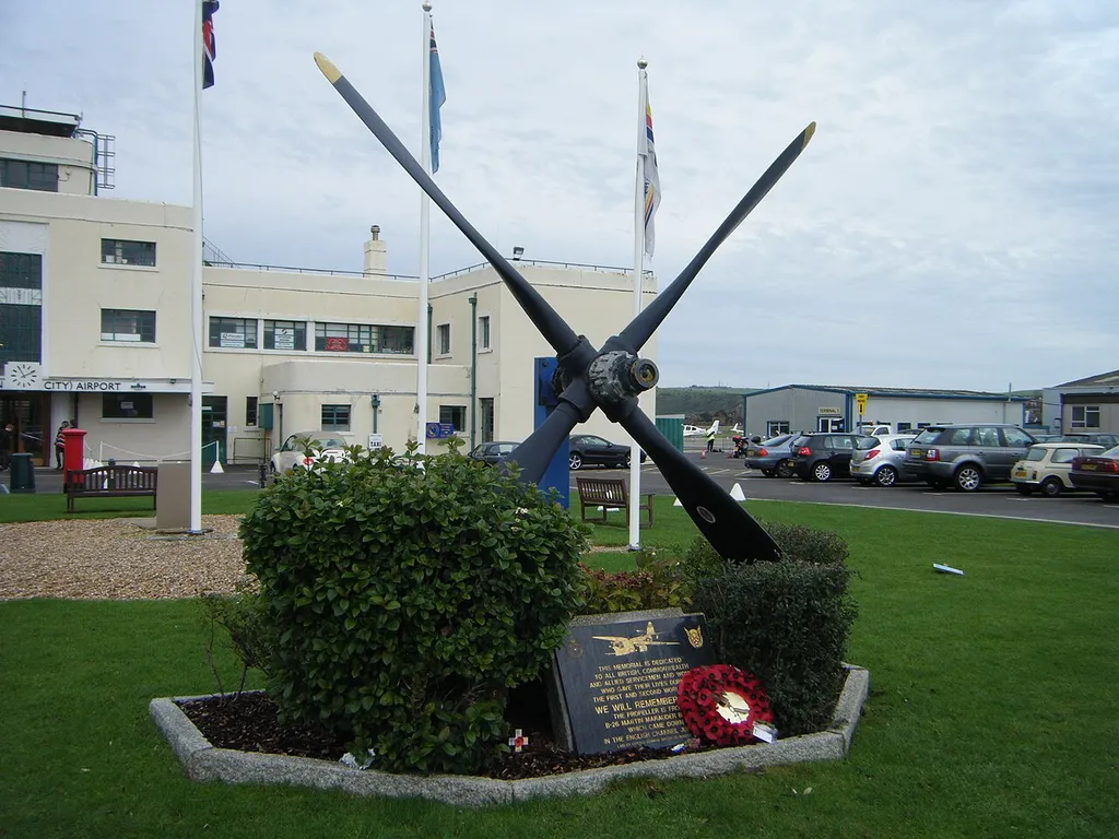 Martin B-25 Marauder propeller at Shoreham (Brighton City) Airport. The propeller is from a Martin Marauder that crashed in the English Channel near Shoreham around D-Day.