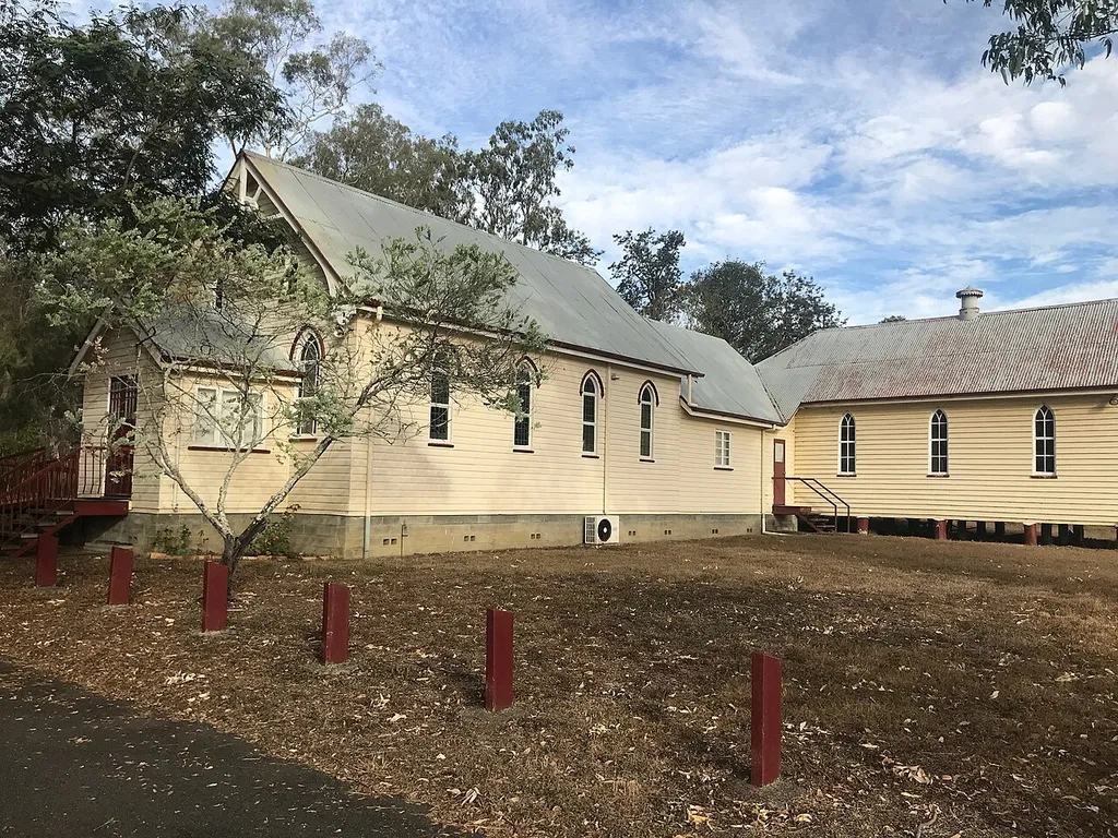 Harrisville Uniting Church, consisting of the former Presbyterian and former Methodist church buildings, 2020. 4 Hall Street, Harrisville.