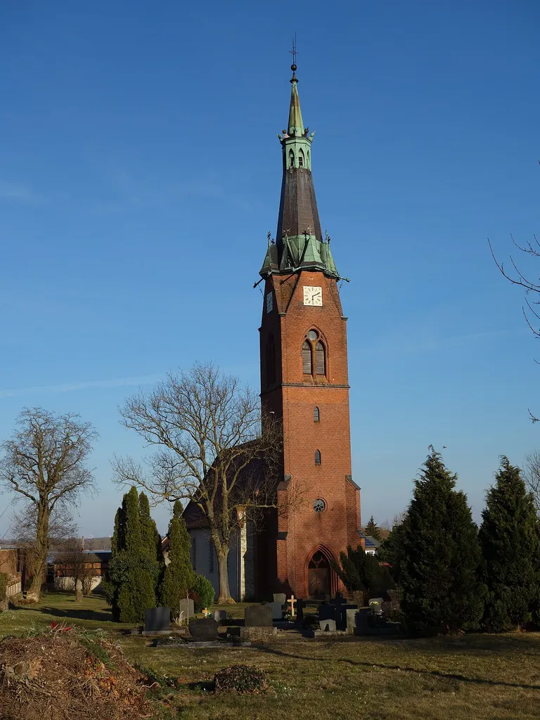 West-north-western view of the church in Röpersdorf , Nordwestuckermark municipality , Uckermark district, Brandenburg state, Germany.
