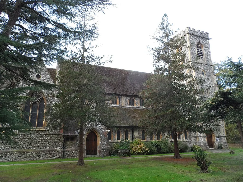 Left-front view of Christ Church, Epsom Common, near Epsom, UK.
