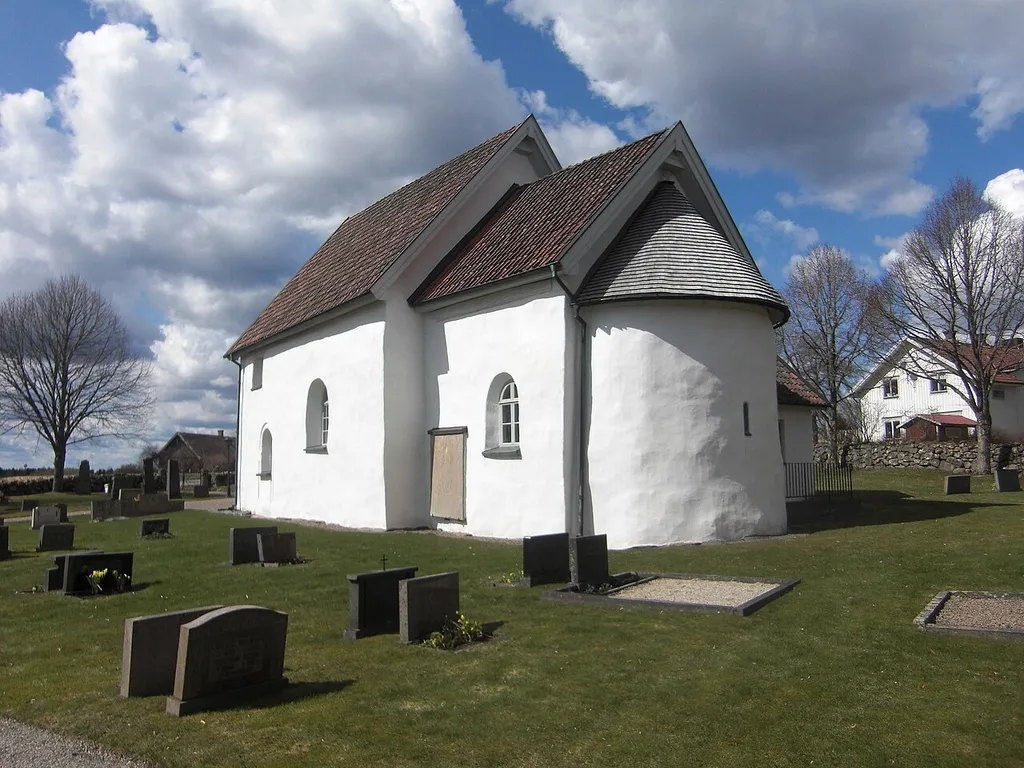 Exteriör av Mjäldrunga kyrka i Mjäldrunga socken, Gäsene härad, Herrljunga kommun, Skara stift, f.d. Älvsborgs län, Västergötland, Västra Götalands län, Sverige.
