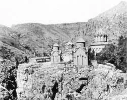View of the 7th-13th century Armenian monastic ensemble of Khtzkonk now in Turkey. As a policy of cultural genocide on Armenians, the Republic of Turkey ordered its army to destroy the monastery in 1966. All but one church remains standing.