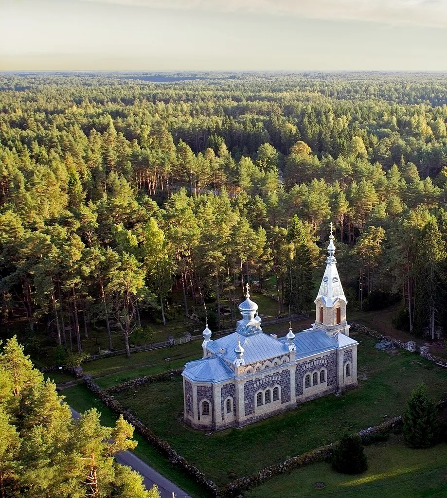 Aerial view of Orthodox Church in Kuriste, Estonia. 2013
