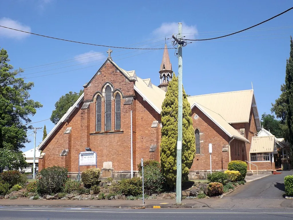 Photo of St James Church as seen from Mort Street in Toowoomba, Queensland, Australia.