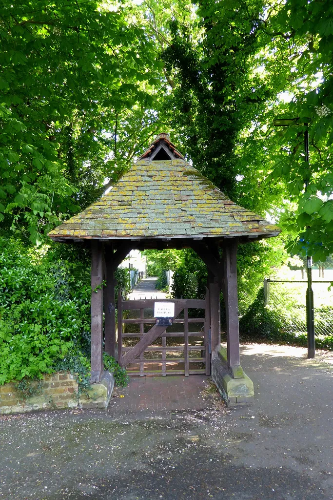 The northern lychgate of St Mary's Church in Perivale, London Borough of Ealing, as seen from the north, facing south.