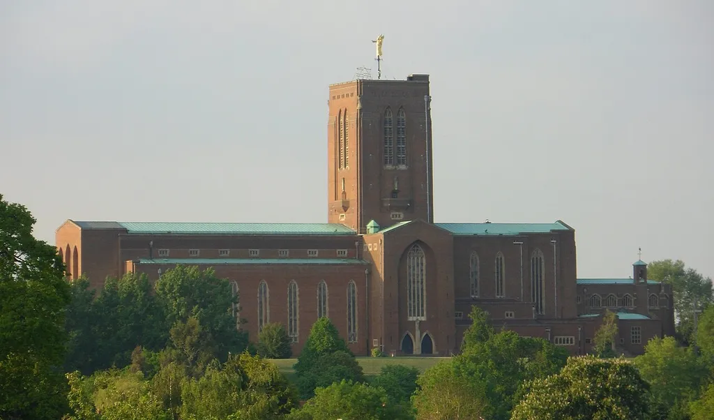 Guildford Cathedral, Stag Hill, Guildford, Borough of Guildford, Surrey, England. A long-distance view from Onslow Village.
