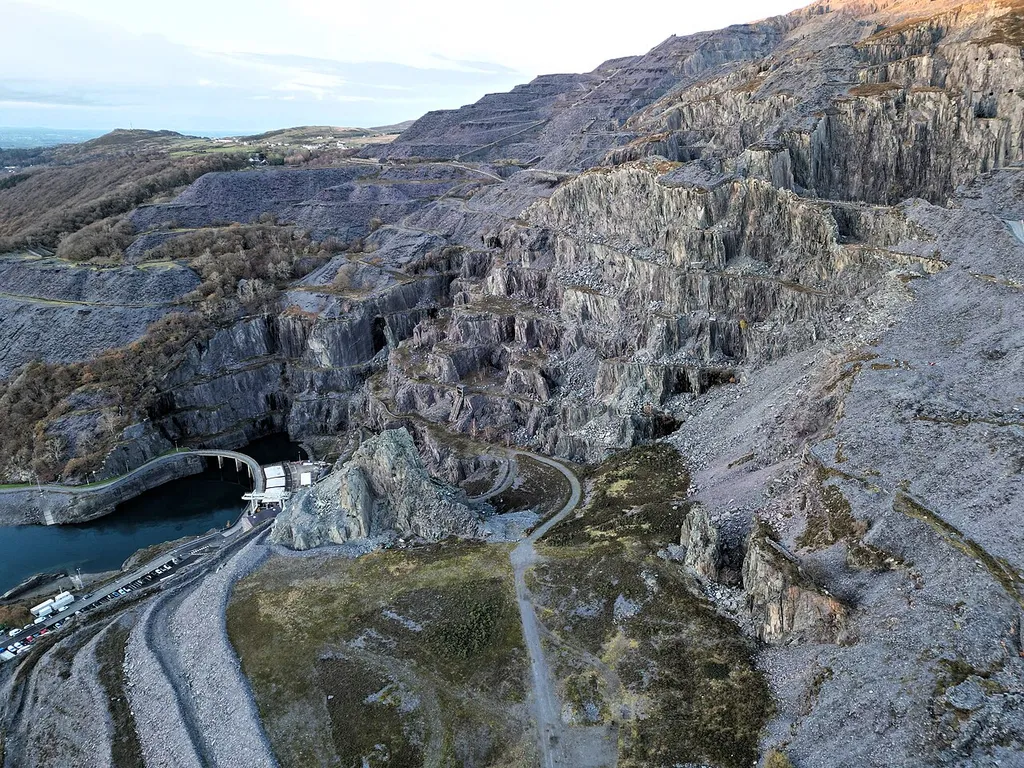 Sunset view of Chwarel Dinorwig World Heritage Site, from a drone. Incorrectly named in English, sometimes as 'Dinorwic Quarry'.
