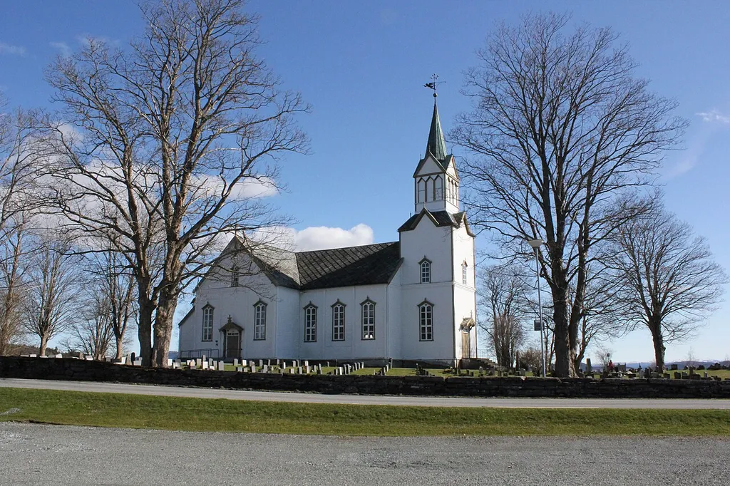 A wooden church; Frosta kirke (=Frosta church), in Frosta, Norway. Erected in 1866. Architect: Georg Andreas Bull.