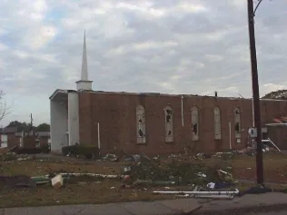 Daleville, Al, November 25, 2001 -- The First Baptist Church of Daleville suffered major structural damage from a F2 tornado. Photo by Ray Phillips, Director of Dale County EMA/ FEMA News Photo